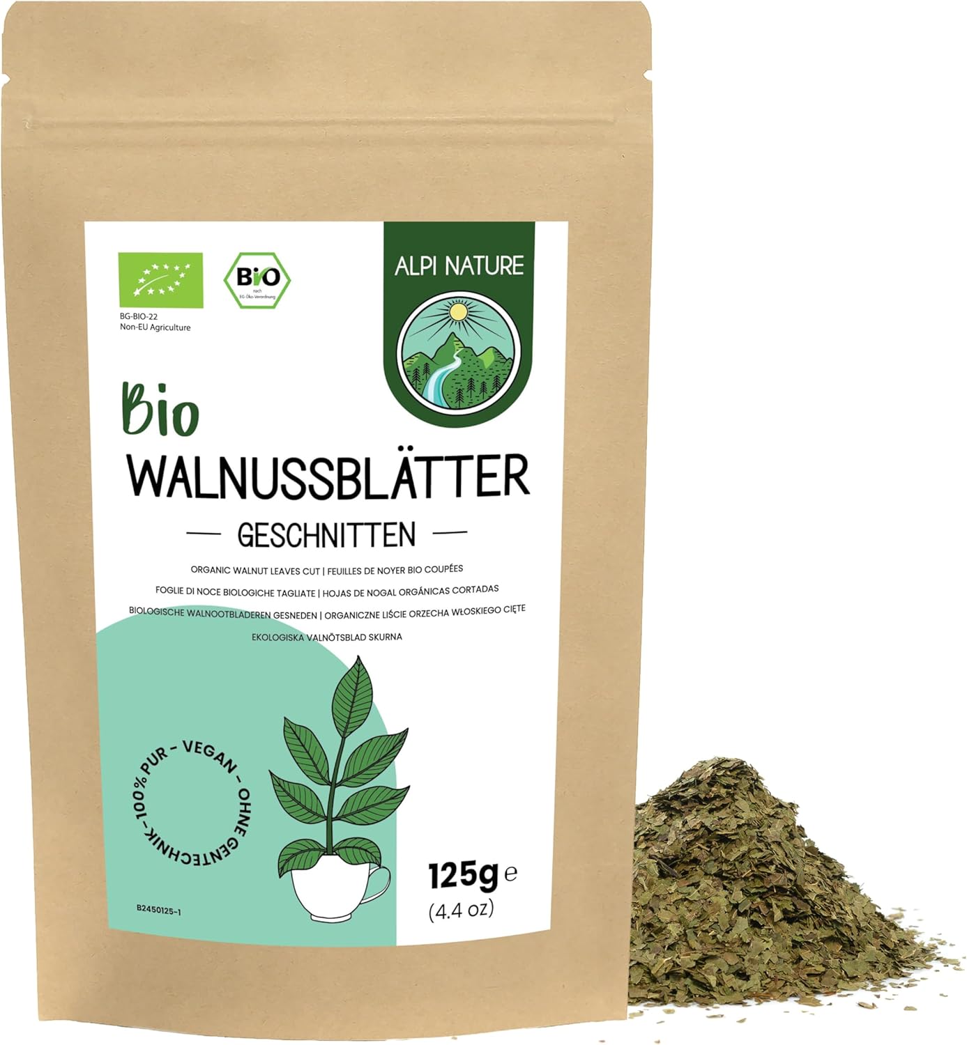 Feuilles de Noyer BIO 125g par Alpi Nature, Feuille Séchées et Coupées, Thé en Vrac