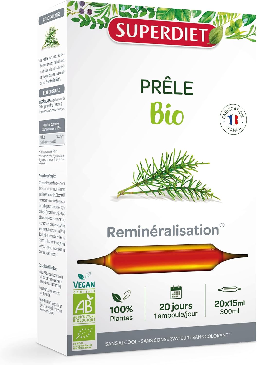 PRÊLE BIO – Reminéralisation – Phytothérapie – Fabrication Française – 20 ampoules de 15 ml