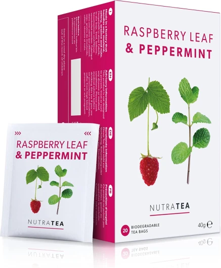 NutraTea - Tisane de feuilles de framboisier et de menthe poivrée - Thé aux feuilles de framboisier, Infusion d'accouchement de feuilles de framboisier, Tisane de grossesse - 20 sachets de thé emballés 20 Unité (Lot de 1)
