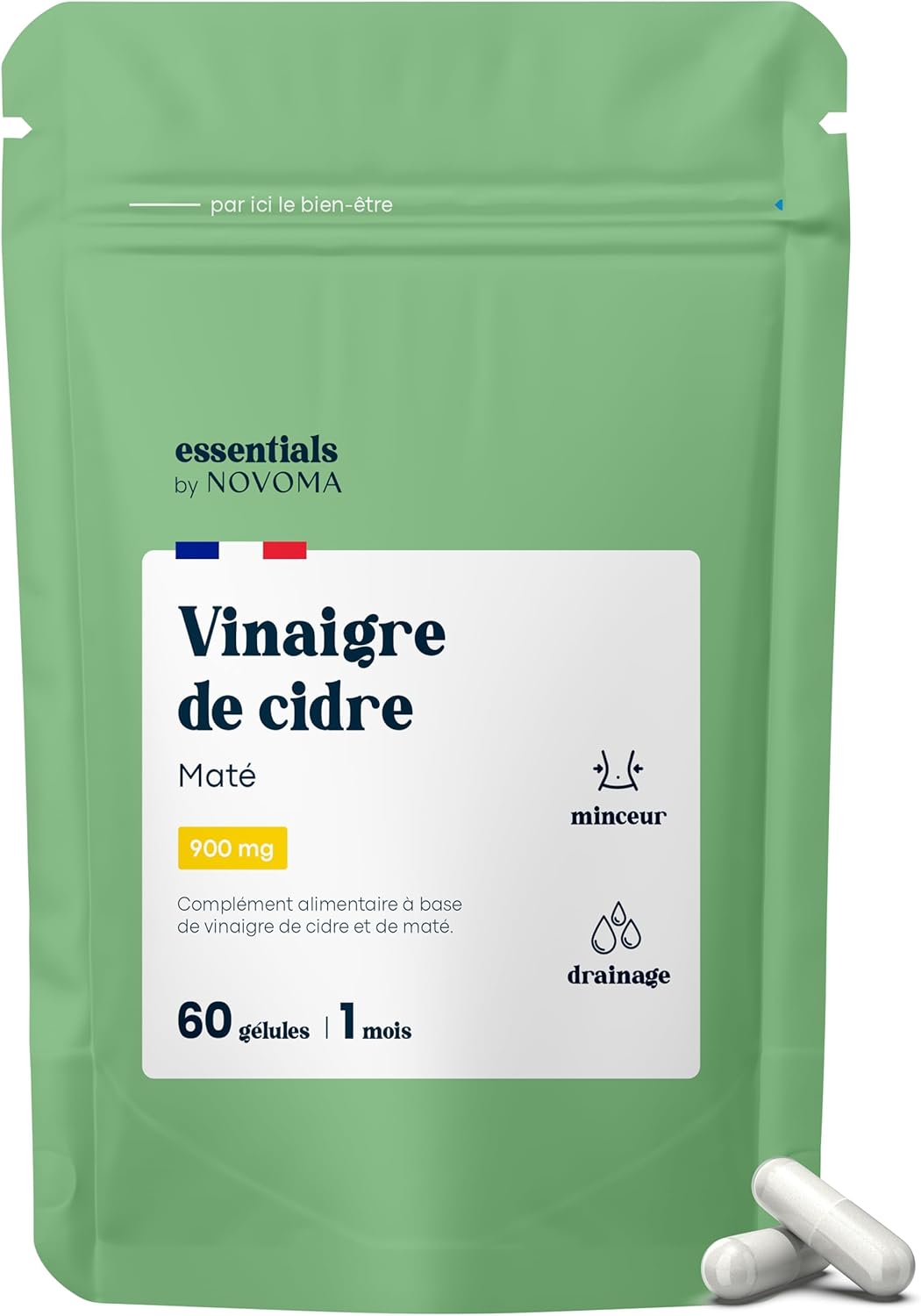 Vinaigre de Cidre avec Maté, Effet Coupe Faim et Draineur Naturel pour la Perte de Poids, Avec Yerbé Maté, Cure de 1 mois, 60 Gélules, Fabriqué en France, Essentials by Novoma