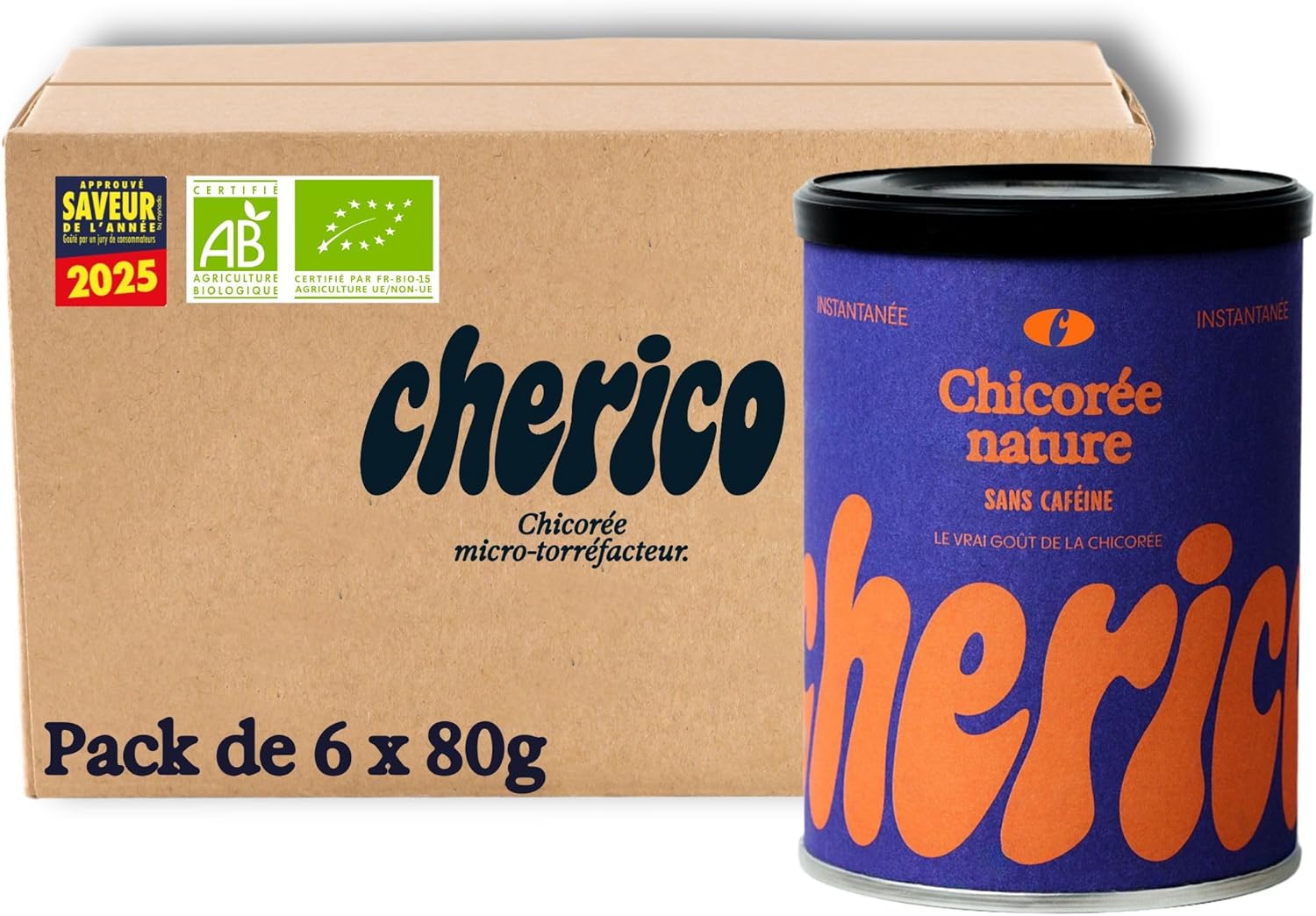 Chicorée soluble bio – Pack de 6 x 80g - Chicorée bio sans caféine nature - Riche en fibres - Chicorée d'origine végétale - Notes toastées et noisette 100% Chicorée