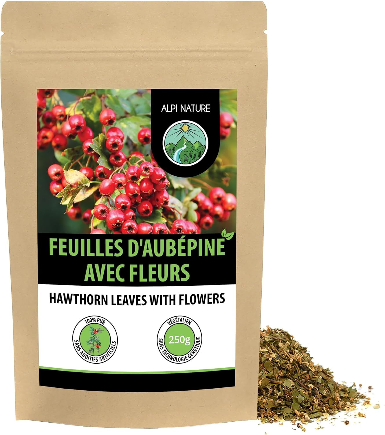 Aubepine Tisane 250g par Alpi Nature, Тhé en Vrac, Feuilles et Fleurs d'Aubépine Séchées et Coupées 250 g (Lot de 1)
