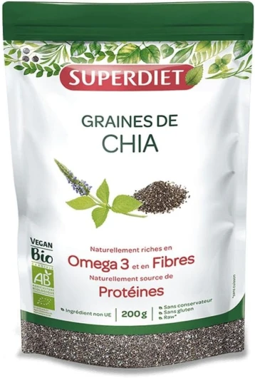 GRAINES DE CHIA BIO - Source de Protéines & Riches en Fibres et en Omega 3 - Sachet de 200g