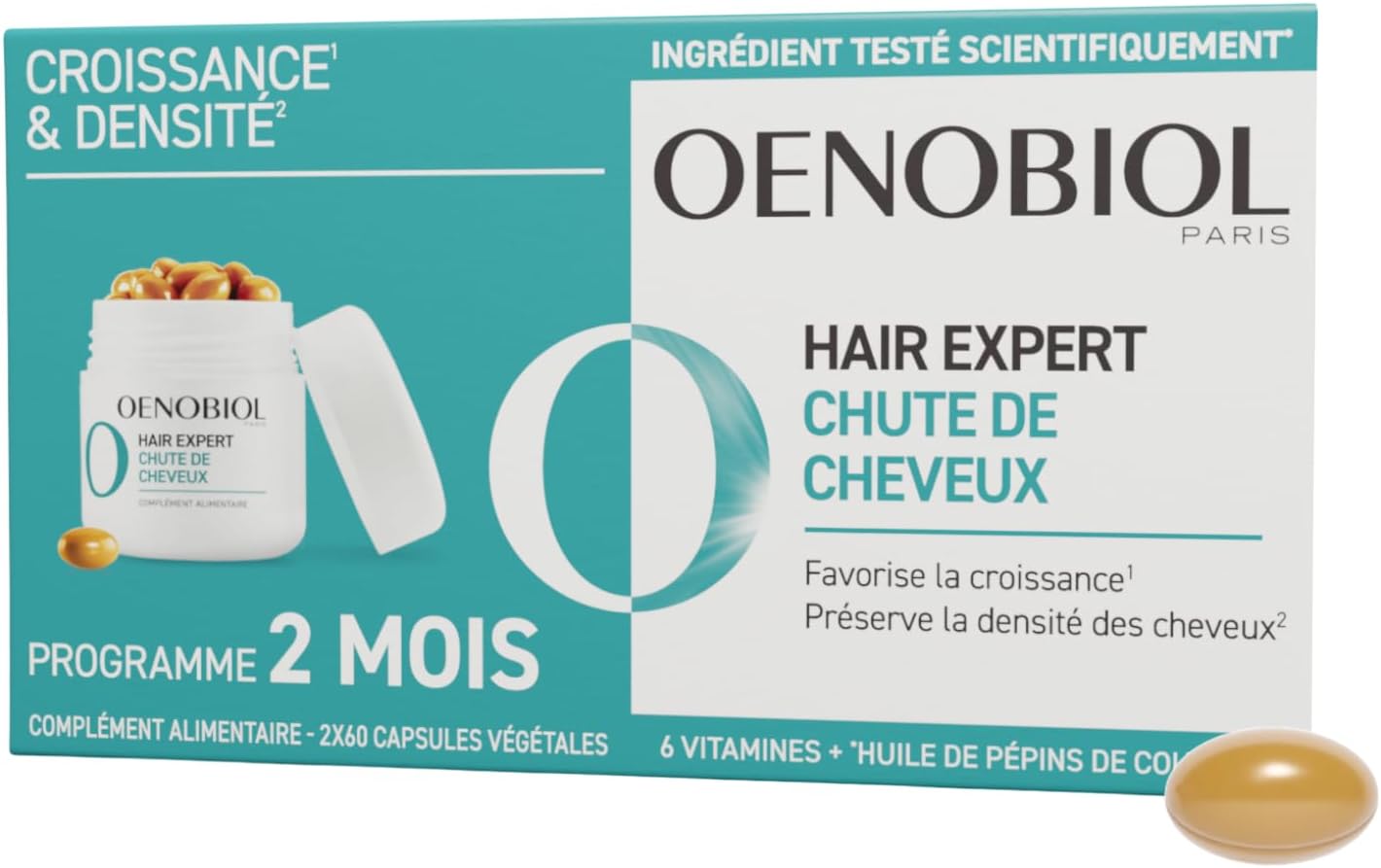 HAIR EXPERT Chute de Cheveux - Nouvelle formule concentrée - Chute de cheveux - Favorise la croissance - Préserve la densité des cheveux -Complément alimentaire 2x60 capsules-Programme 2 mois 120 unité (Lot de 1)