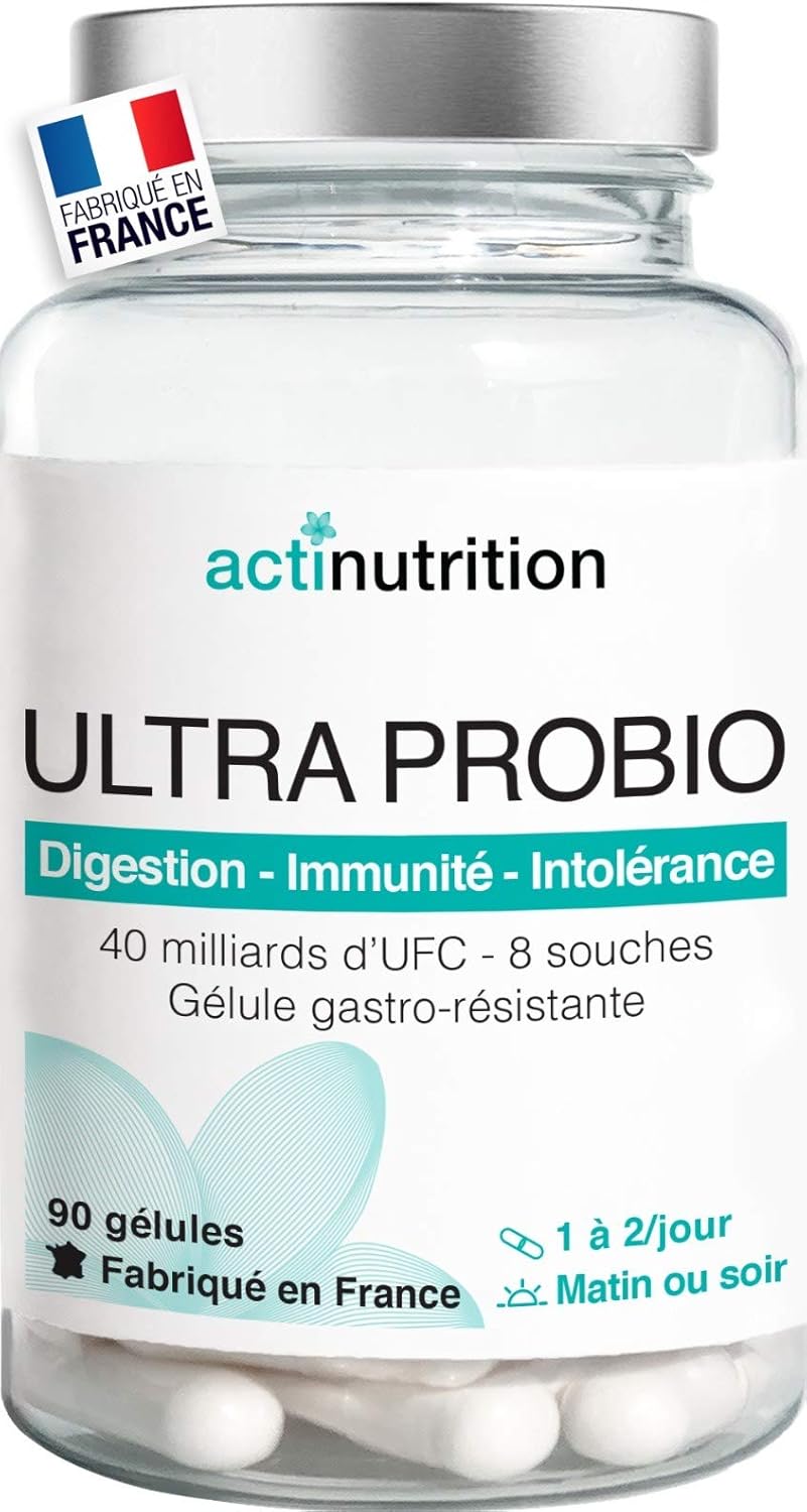 ULTRA Probio Flore Intestinale - 40 à 100 milliards UFC/jour - 8 souches naturelles Lactobacillus & Bifidobacterium + Levure de Bière - 90 gélules végétales gastro-résistantes - Fabriqué en France