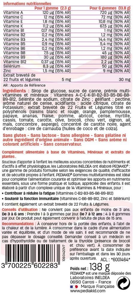 Gommes Multivitaminées - Formule Naturelle au Délicieux Arôme de Cerise - Contribue à la Réduction de la Fatigue - Soutient les Défenses Naturelles de l'Organisme - 60 gommes