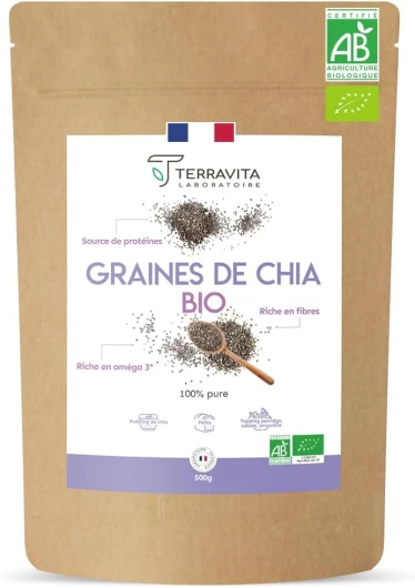Graines de Chia BIO - Sélection Rigoureuse - Qualité Homogène - Transit et Perte de Poids - Riches en Oméga 3, Source de Fibres et de Protéines Végétales - Conditionnées en France - 500g - Terravita