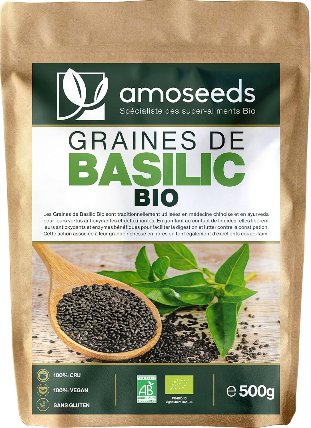 Graines de Basilic Bio 500G - Exclusivité Française - Satiété, Digestion, Détox, Peau - Similaires aux Graines de Chia - Qualité Supérieure