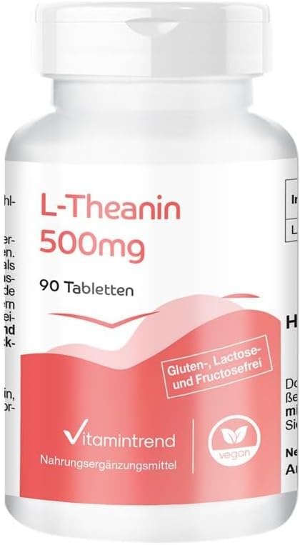 L-Théanine 500mg - 90 comprimés - Acide aminé - 500mg L-Théanine par dose journalière - hautement dosé - dosage sûr - végétalien - suppléments d'Allemagne - Vitamintrend