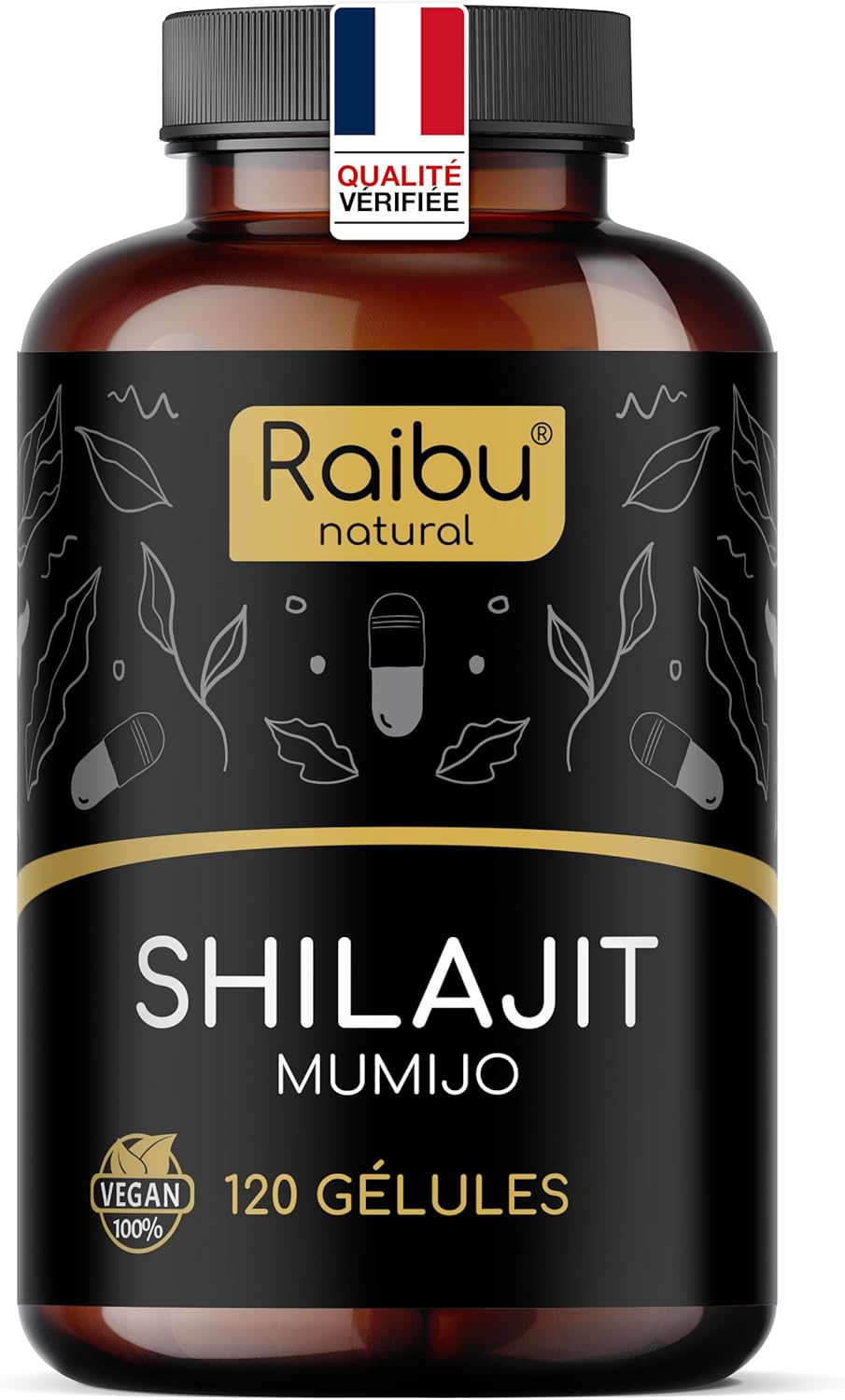 Shilajit Pur de l’Himalaya - 120 Gélules de Shilajit - Haute Concentration en Acide Fulvique et Acides Humiques - 1300 mg par Dose Quotidienne - Testé en Laboratoire, Sans Additifs - Raibu
