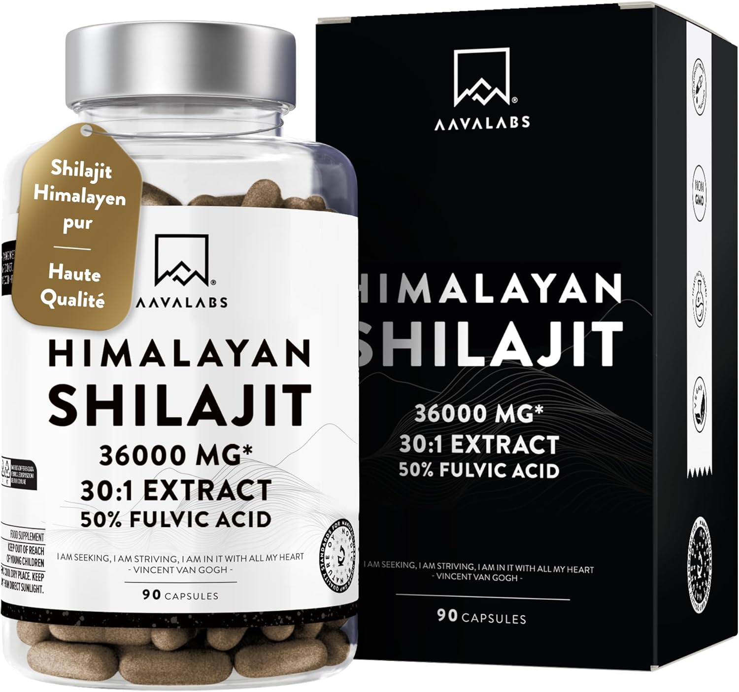 Shilajit Pure Himalaya 36000mg Extrait 30:1 - 50% Acide Fulviques Qualité Premium - Shilajite Energie et Immunité 100% Végétalien, Pur, Sans Additifs - 90 Pure Himalayan Shilajit Gélules