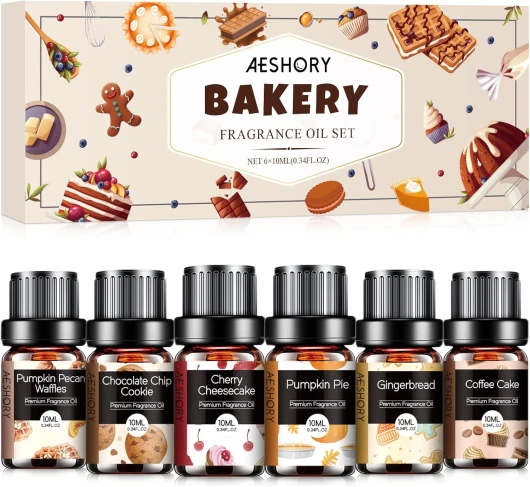 Set Huiles Essentielles Boulangerie 6x10ML, Huile Essentielle Parfumée Halloween, Noël, pour Diffuseur, DIY - Tarte à la Citrouille, Pain d'épice, Cookie au Chocolat, Pomme à la Cannelle