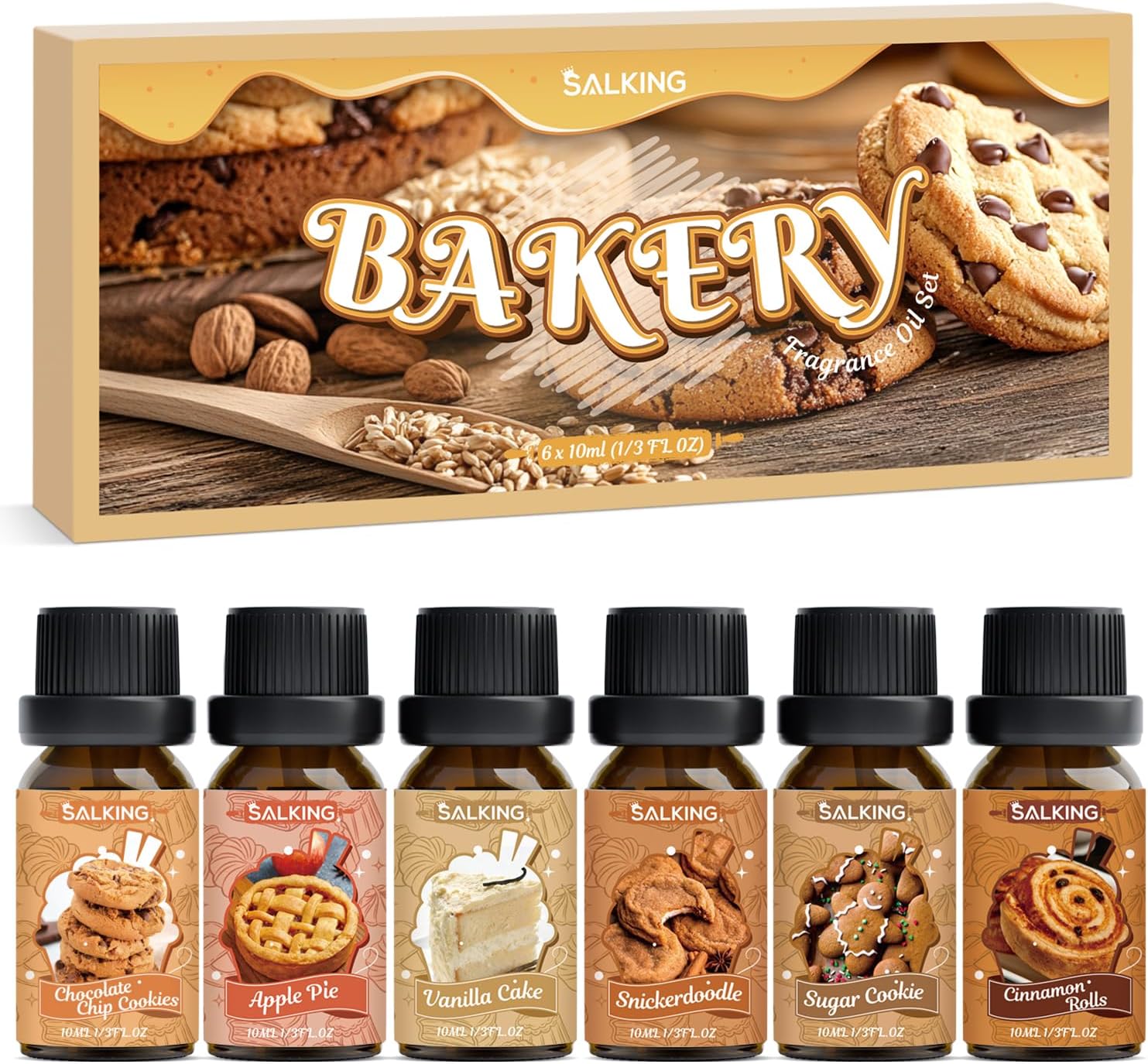 Pâtisserie Huiles Essentielles pour Diffuseurs 6x10ml, Biscuits aux pépites de chocolat, tarte aux pommes, brioches à la cannelle, gâteau à la vanille, Snickerdoodle, biscuit au sucre