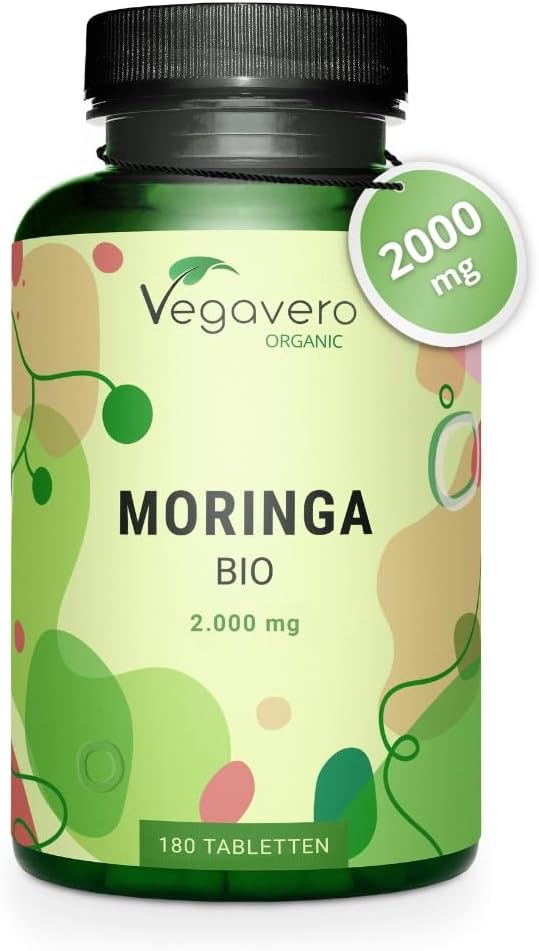 Moringa BIO - Dose Elevée : 2000mg - 180 Comprimés - SUPERFOOD : Multivitamines et Minéraux - 3 Mois - Antioxydant + Energie - VEGAN - Vegavero®