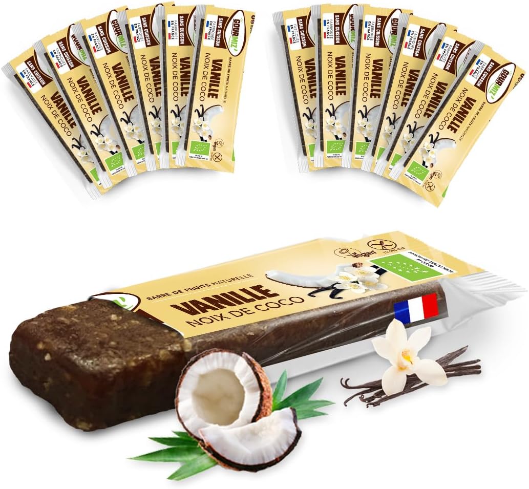 Barres de fruits - 12 x 35gr, barre glucidique énergétique bio, vanille, noix de coco, dattes, snacks vegan, sport, sans gluten, encas gourmand, sans sucre ajouté Vanille, noix de coco pack x12