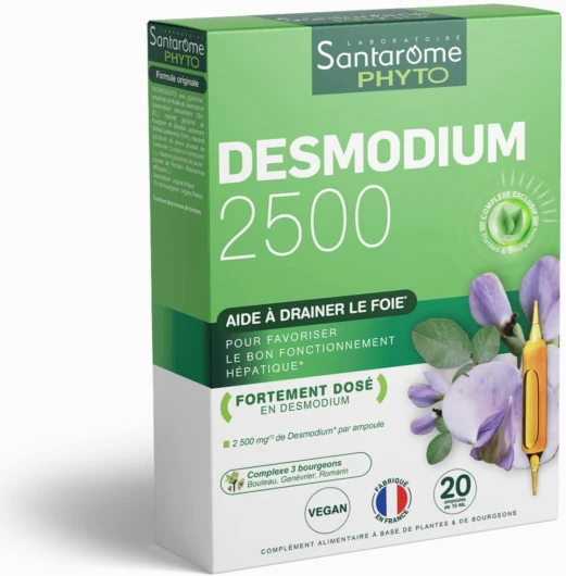 Desmodium 2500 - Complément Alimentaire Détoxifiant du Foie - Fonctionnement Hépatique, Protection & Détoxification - A base de plantes - 20 ampoules - Made In France - Végan Desmodium 2500 - 20 ampoules