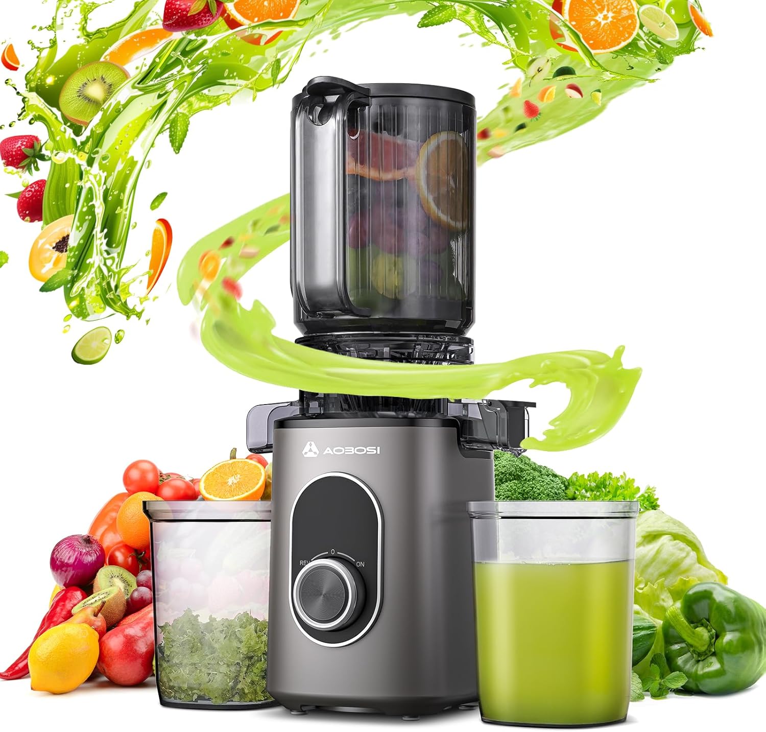 Extracteur de Jus, Extracteur de Jus de Fruits et Légumes Ouverture de 110 mm, Fonction de Mastication Inversée,Sans BPA,avec 2 Tasses et Brosse, adapté à tous les Fruits et Légumes Gris