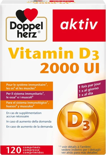 Aktiv Vitamin D3 2000 UI, Soutien immunitaire, os & muscles, 50 μg/comprimé, 120 comprimés essentiels pour une santé optimale Blanc 120 unité (Lot de 1)