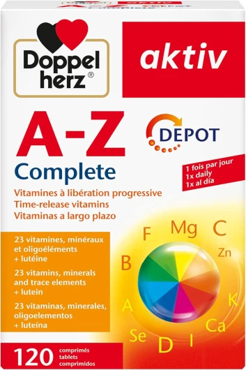 Aktiv A-Z Complete Depot, Complément alimentaire, Vitamines à libération progressive, calcium, magnésium, fer, zinc, biotine, acide folique, 120 comprimés Red 120 unité (Lot de 1)