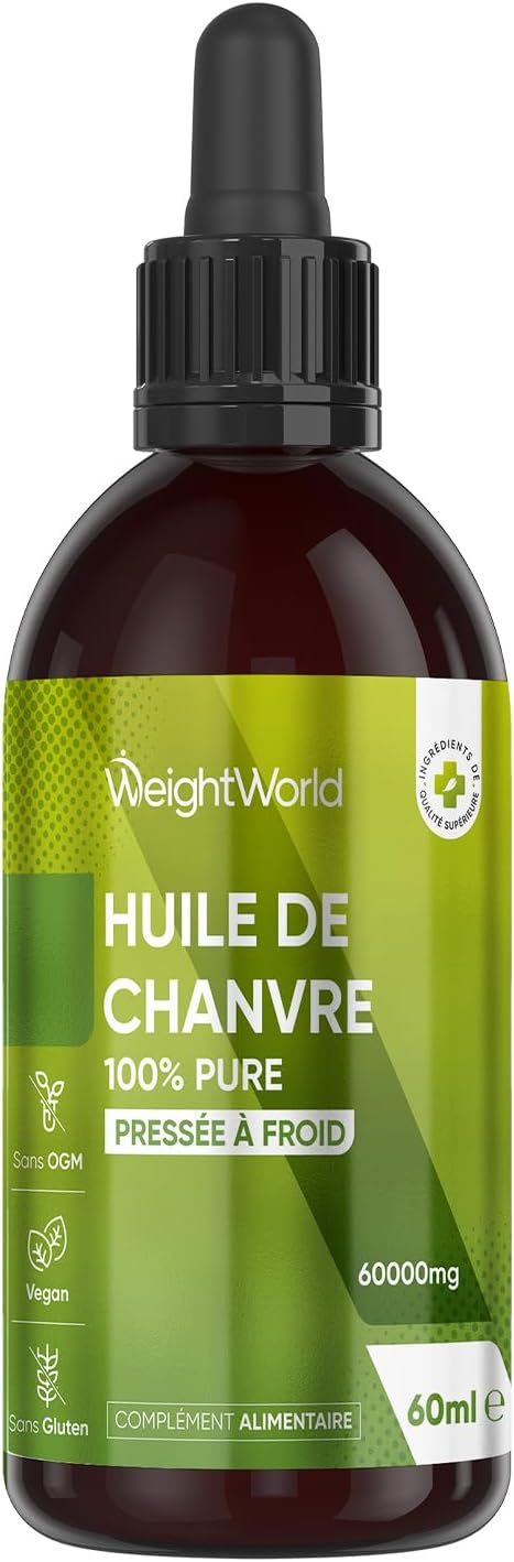 Huile de Chanvre 60ml 100% Pure 60000mg - Graines de Chanvre, Source d'Acides Gras Essentiels Oméga 3 6 9, Gouttes Vegan Hemp Seed Oil Pressée à Froid et Multi Usage - Sans Gluten et Sans OGM