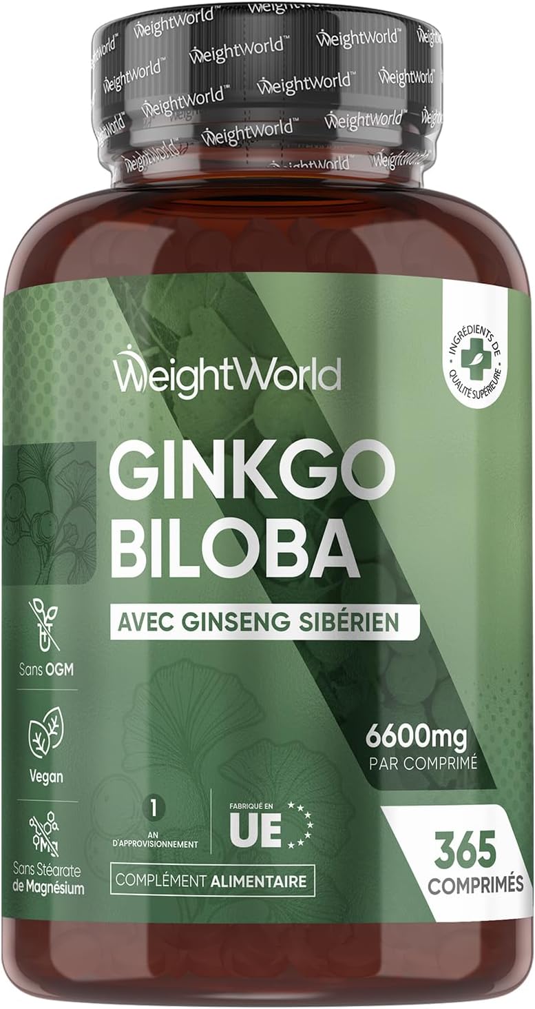 Ginkgo Biloba 6600mg avec Ginseng Sibérien, 365 Micro-Comprimés pour 1 An, Extrait de Ginko Biloba en Comprimés Vegan avec Flavones Glycosides & Terpènes Lactones, Sans Acide Ginkgolique et Sans OGM
