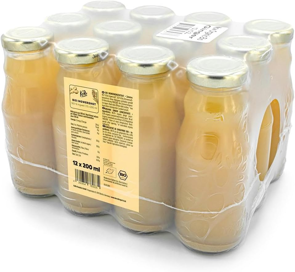 Shot de Gingembre Bio 12 x 200 ml - 96,5% Jus de Gingembre Pur & Citron Bio, 100% Naturel, Sans Sucre ni Additifs, Bouteille en Verre, Shot Detox Énergisant pour Bien-être Quotidien