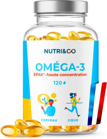 NUTRI & CO Omega 3 Huile de Poissons Sauvages EPAX®, Haute Concentration EPA DHA & Vitamine E - Issu de Pêche Durable & Huile de Poisson Pure, 120 capsules Anti Oxydation, Made in France 120 unité (Lot de 1)