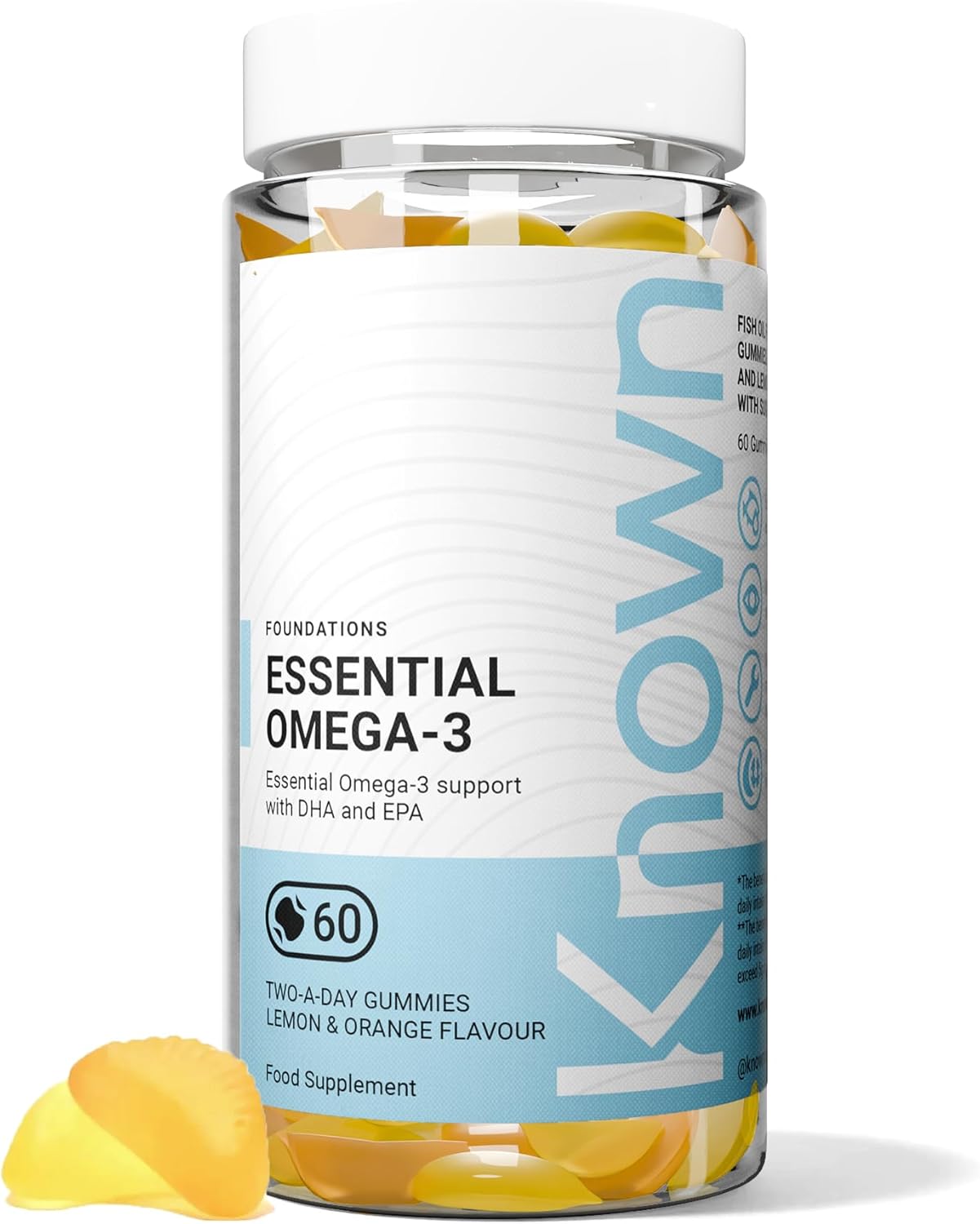 Gummies Délicieux Omega 3 Essentiel Known – 120mg Omega 3 (DHA, EPA) – Soutient la Santé Cardiaque – Saveur Citron & Orange – 60 Gummies, 1 Mois