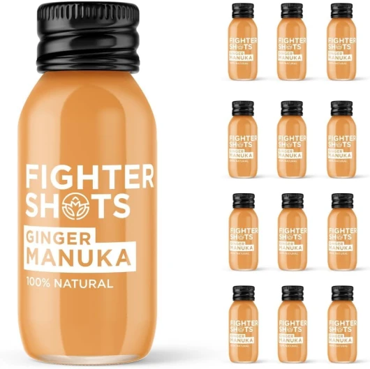 Gingembre + Miel de Manuka (12x60ml) - Pour la digestion - Renforce l'immunité - 100% Naturel - Sans conservateurs - Shot frais et ardent au miel de Manuka et au gingembre Gingembre Miel de Manuka 60 ml (Lot de 12)