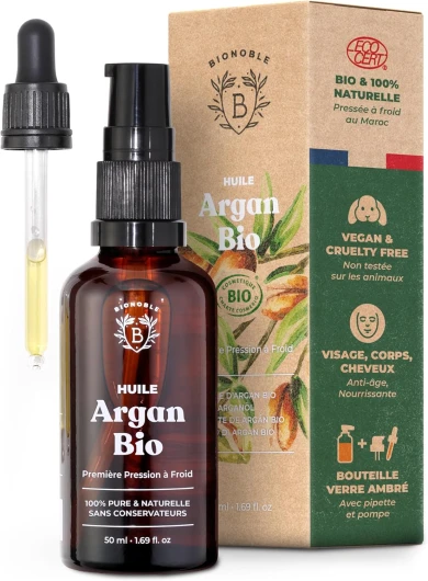 Huile d'Argan Bio 50ml - 100% Pure, Naturelle, Pressée à Froid - Bouteille en Verre + Pipette et Pompe - Huile Argan Cheveux Visage Corps - Pure Organic Argan Oil, Huile dArgan Cheveux 50 ml (Lot de 1) Argan Oil