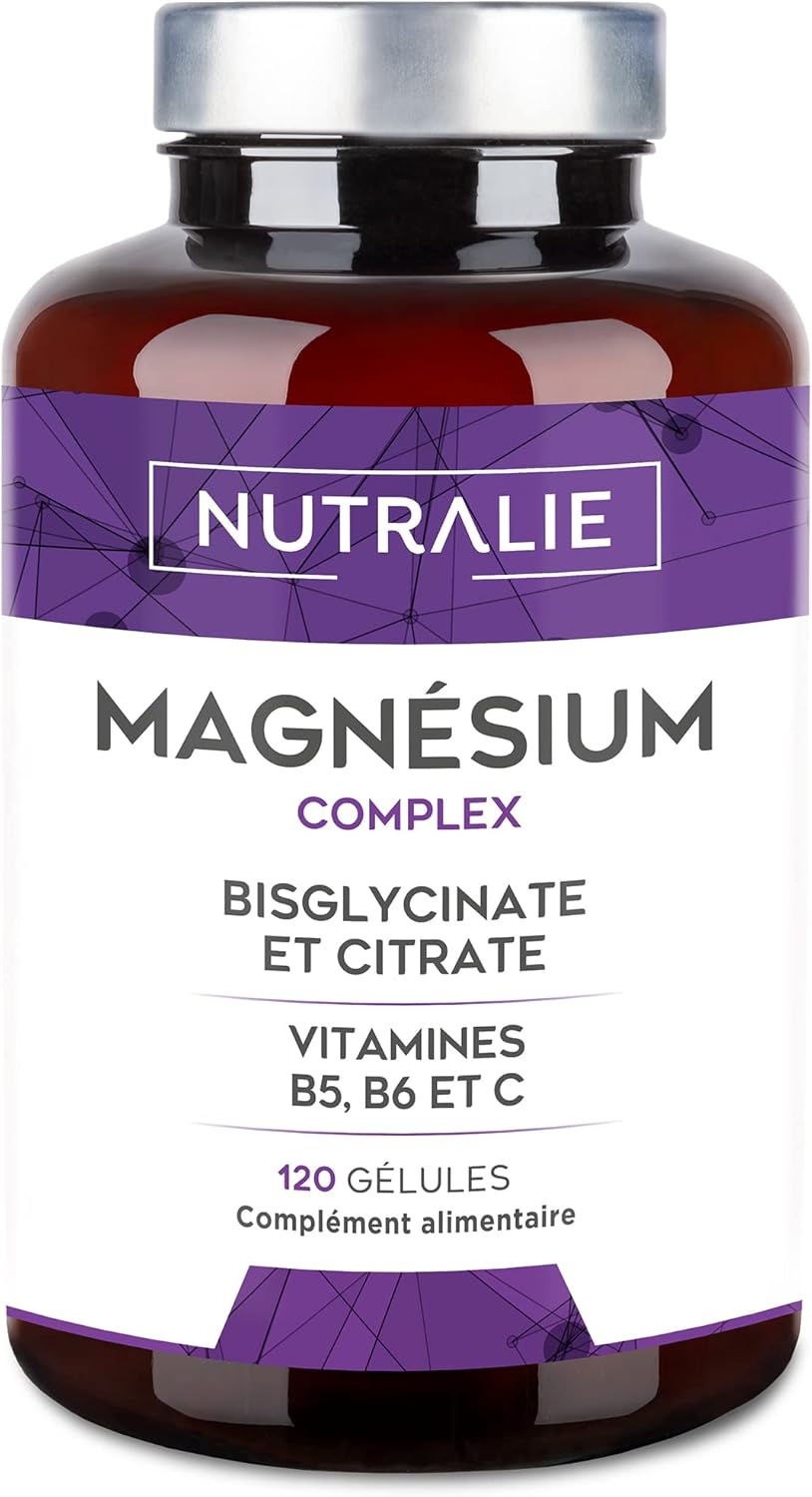 Magnésium Bisglycinate + Citrate - 2145mg - Vitamine B6 B5 C - Fatigue Stress - Magnesium BIO-disponible - Citrate de Magnésium et Magnesium Bisglycinate - 120 Gélules - Nutralie (Sans goût)