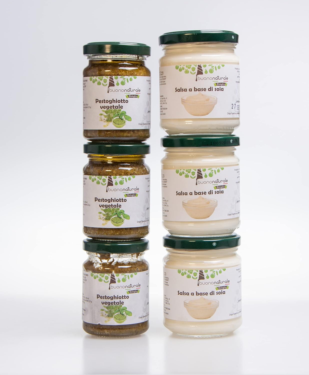 Boîte aux sauces vegan BIO 915g — paquet végétalien mixte de 3pcs de Pesto végétal BIO (3x120g) et 3pcs de Mayonnaise de soja BIO (3x185g)