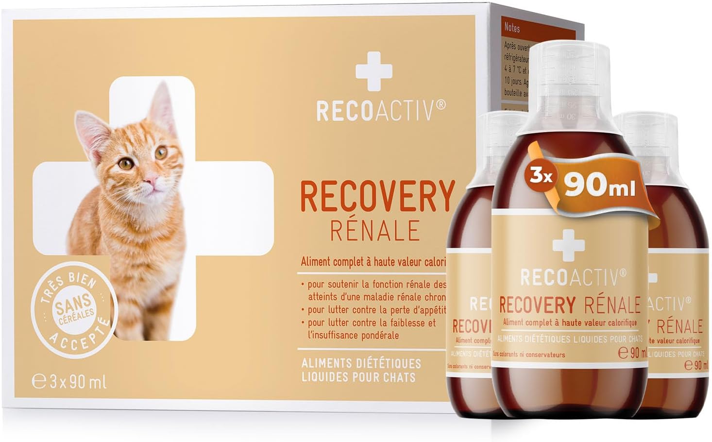 Recovery Rénale pour Chats, 3 x 90 ML, Alimentation diététique complète hautement calorique en Cas de Troubles rénale de la Fonction rénale et de Besoins énergétiques accrus
