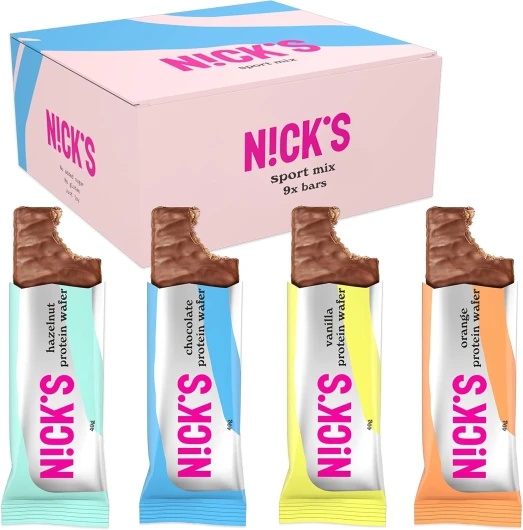 NICKS Barres Keto Protéinées, Gaufrettes au Chocolat croustillantes, Sans Sucre Ajouté, Sans Gluten, Sans Huile de Palme - 203 Calories, 10g Protéines, Lowcarb 9 x 40g Vanilla, Chocolate, Hazelnut, Orange 40 g (Lot de 9)