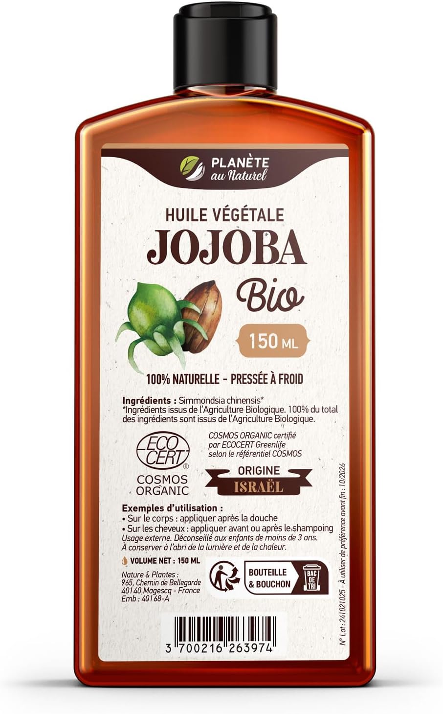Huile de JOJOBA Bio 150 ml - Cosmos Organic - Planète au Naturel - Pure, Naturelle et Pressée à froid - Cheveux, Corps, Peau 150 ml (Lot de 1)