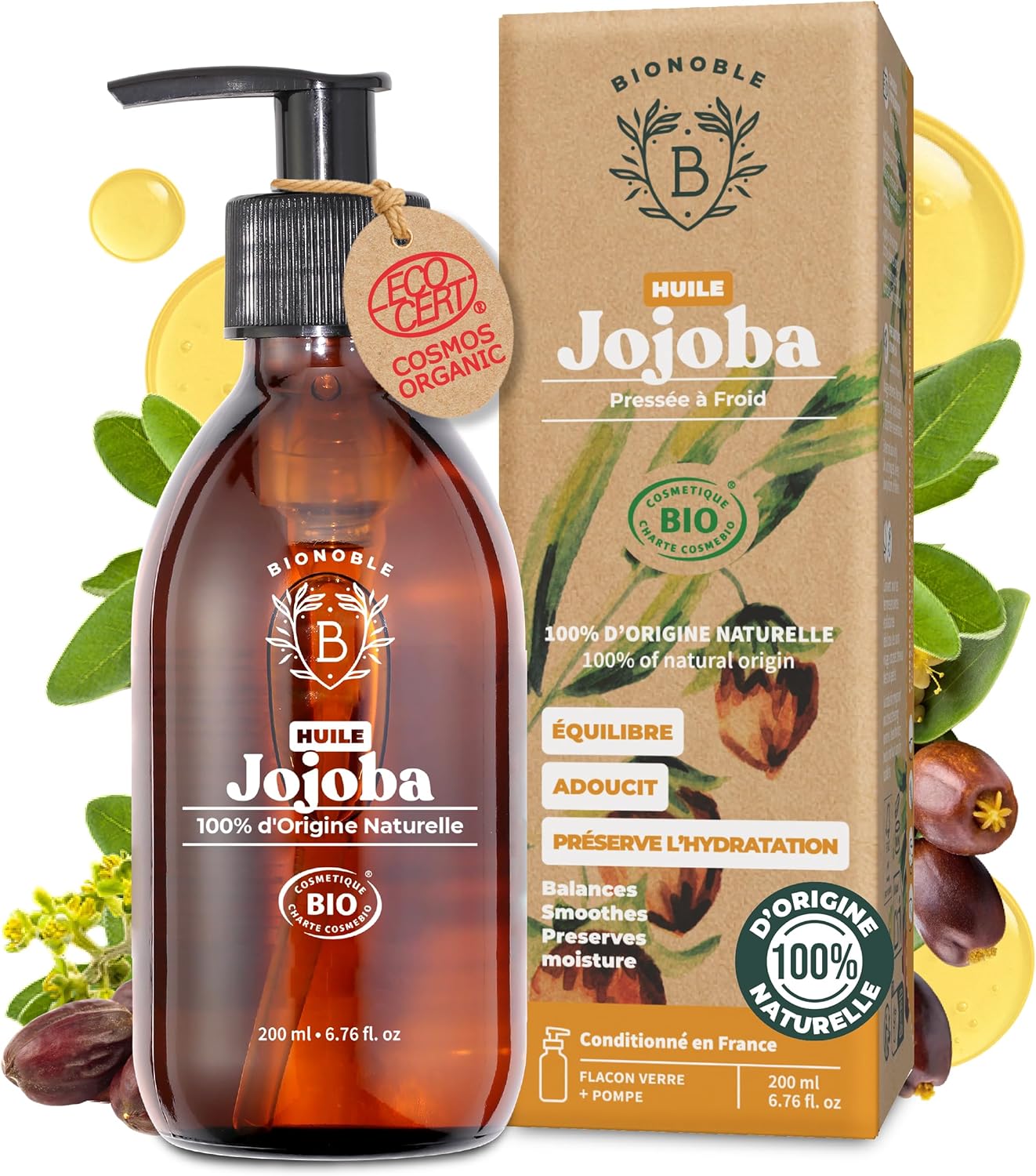 Huile de Jojoba Bio 200ml - 100% Pure, Naturelle et Pressée à Froid - Visage, Corps, Cheveux, Barbe, Ongles - Vegan et Cruelty Free - Jojoba Oil - Bouteille en Verre + Pompe 200 ml (Lot de 1) Jojoba