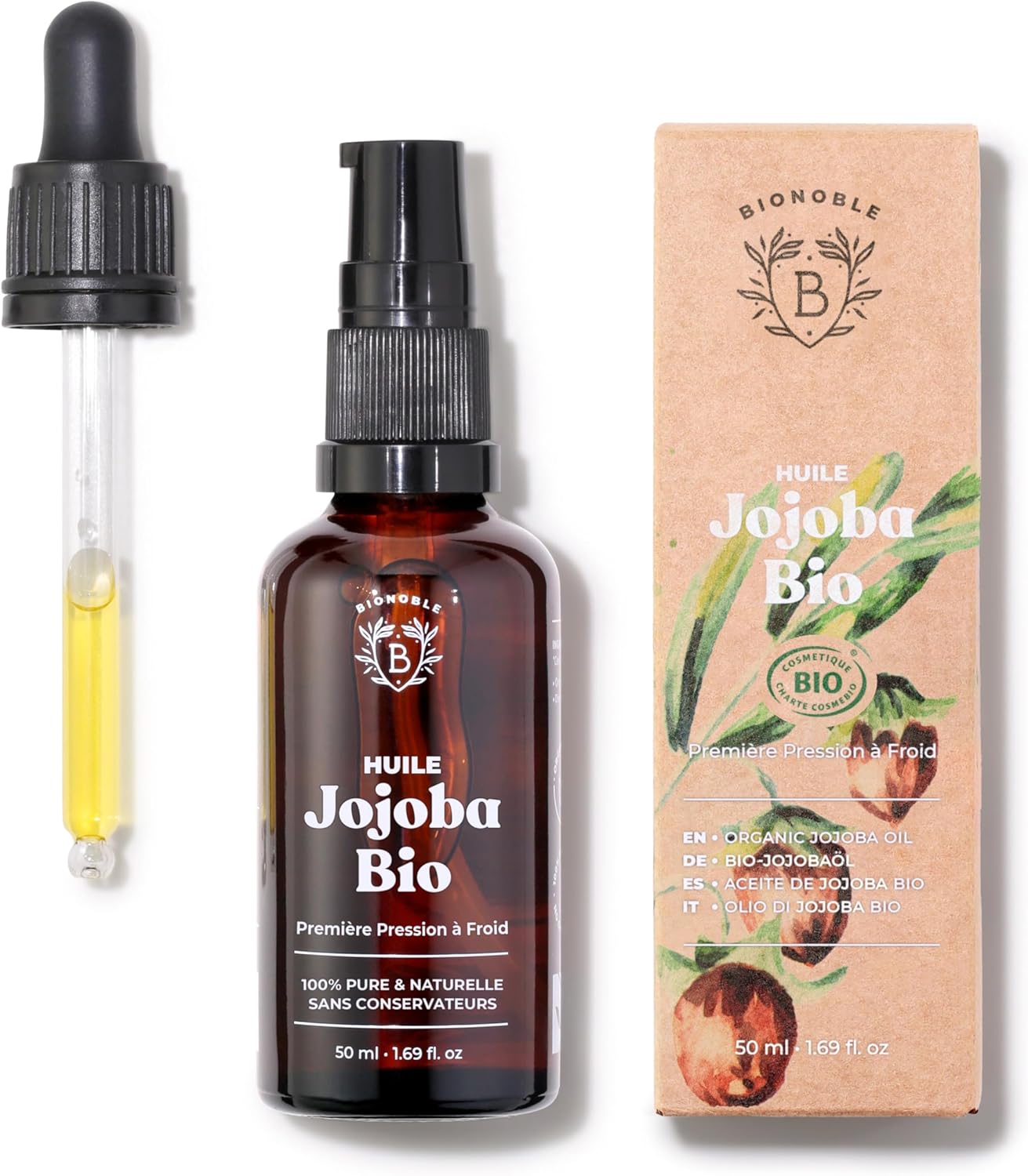 Huile de Jojoba Bio 50ml + Pipette et Pompe - Bouteille en Verre - Pure, Naturelle, Pressée à Froid - Visage, Corps, Cheveux, Barbe, Ongles - Vegan Jojoba Oil 50 ml (Lot de 1) Jojoba