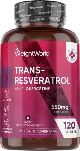 Trans Resveratrol Pur 98% avec Quercétine 550mg Antioxydant Puissant - 120 Gélules Vegan - Source Vitamine C, Resveratrol Polyphenols Renouée du Japon, Forte Concentration - Sans Stéarate Magnésium