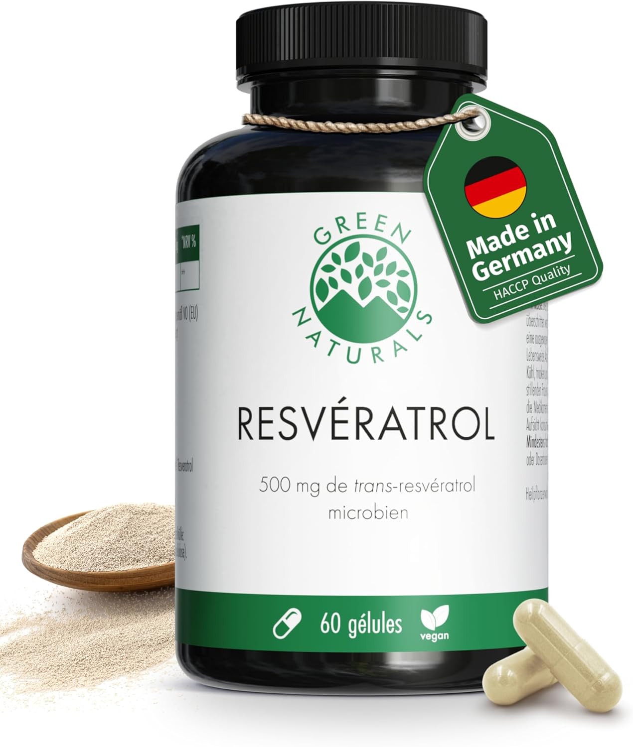 Trans Resveratrol 500mg de levure - 60 Capsules - Fabrication Allemande - 100% Végétalien & Sans Additif - Réserve pour 2 mois - Green Naturals®