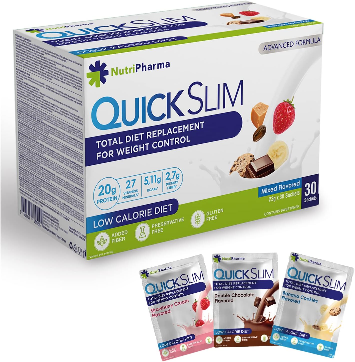 Quick Slim Substitut de Repas Shake pour La Perte de Poids, 30 portions, 20g de Protéines, 27 vitamines et minéraux, Fibres Alimentaires, Faible teneur en glucides, Sans Gluten (Paquet Varié) Paquet Varié 23 g (Lot de 30)