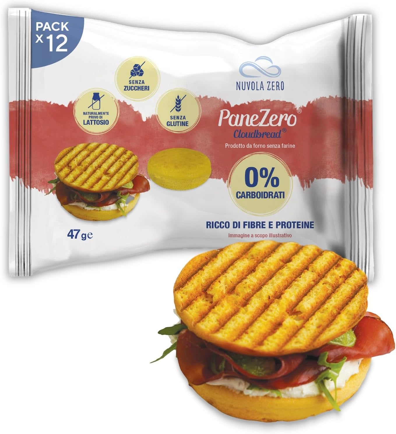 Nuvola Zero - Pane Zero Cloudbread, Pain Sans Carb, Sans Sucre, Sans Lactose, Riche en Fibres et Protéines, Sans Gluten, Paquet de 12, Fabriqué en Italie Cloudbread Portion de 12