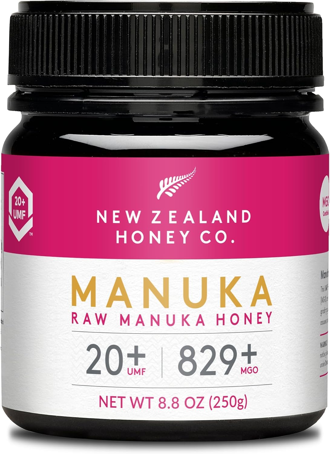 Miel de Manuka MGO 829+ / UMF 20+ de New Zealand Honey Co - - Actif et brut - Fabriqué en Nouvelle-Zélande - 250g Manuka UMF 20+ 250 g (Lot de 1)