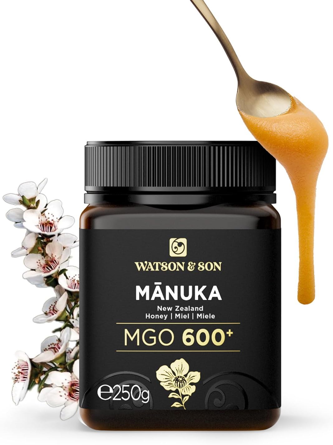 Watson & Son Miel de Mānuka MGO 600+ (250g) – Certifié 100% pur et brut – Mis en pot et scellé en Nouvelle-Zélande – Miel de Mānuka Manuka Honey