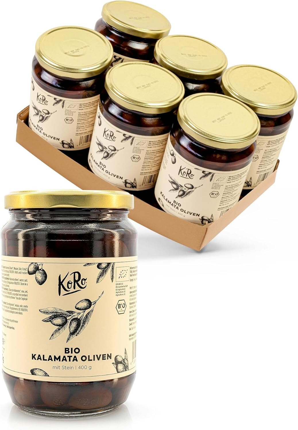 Olives Kalamata Bio avec noyau 6 x 400 g - aromatique unique - olives naturelles en saumure - provenance Grèce
