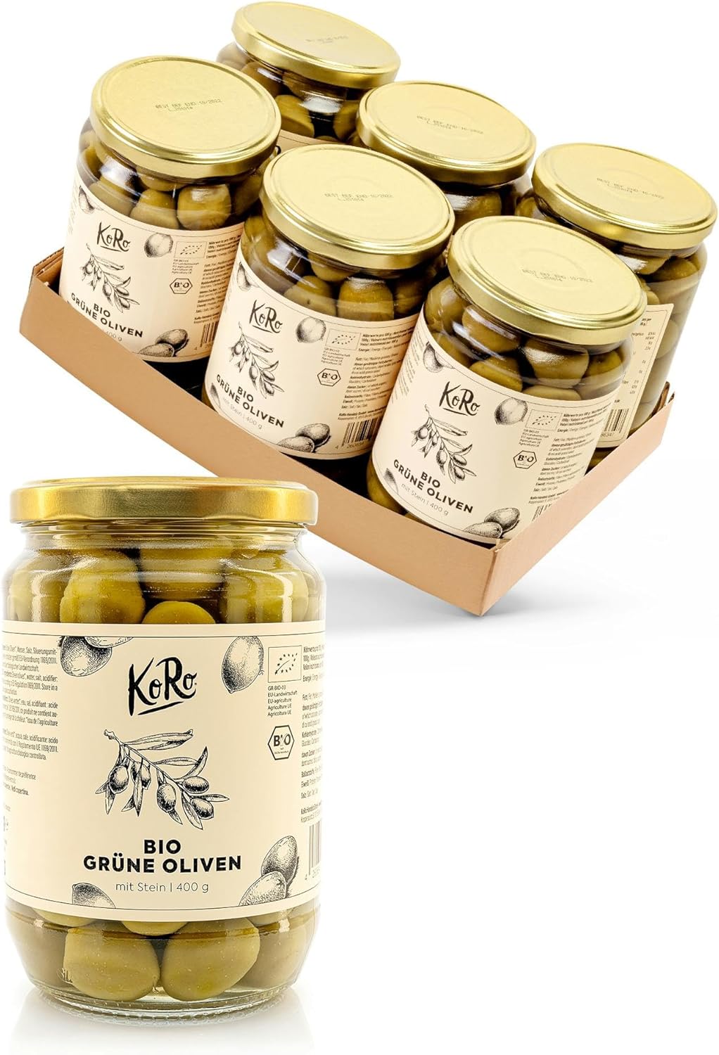 Olives vertes Bio avec noyau 6 x 400 g - Sans conservateurs - Goût piquant intense - Grand format
