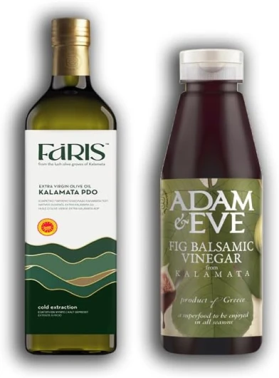 Set premium grec pour salade – Huile d’olive extra vierge de Kalamata AOP & Vinaigre balsamique à la figue – 2 x 250ml – Faris & Adam&Eve – Duo gourmet pour salades, vinaigrettes et marinades.