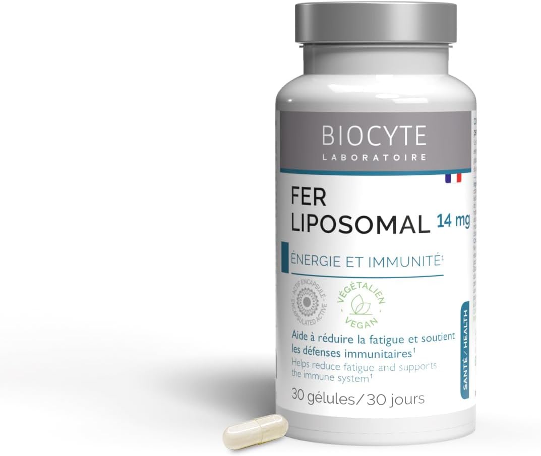 BIOCYTE Fer Liposomal - Complément Alimentaire Energie et Immunité - A base de Fer, Vitamine C, Vitamine B12-30 Gélules - Programme de 30 Jours