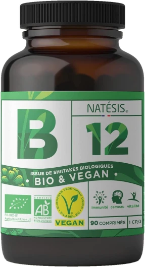 Vitamine B12 bio & vegan - Méthylcobalamine & Adenosylcobalamin - 1000MCG - Immunité - Réduction de la fatigue - 90 comprimés concentrés - NATESIS
