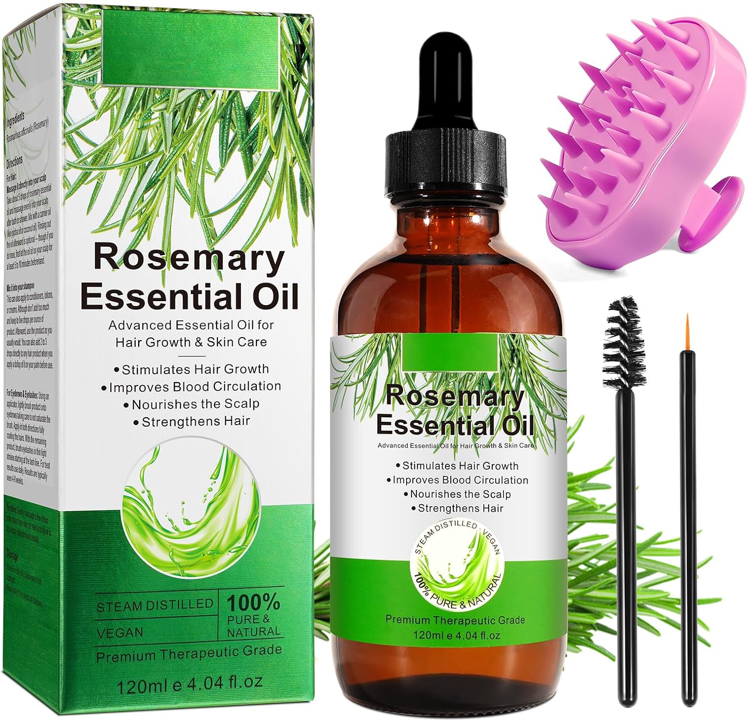 Huile de Romarin pour Cheveux 120ml avec Masseur du Cuir Chevelu, 100% Pure Huile Essentielle de Romarin pour Cils, Sourcils, Visage, Soins de la Peau, Massage du Corps, Stimule la Croissance 120 ml (Lot de 1)