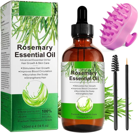 Huile de Romarin pour Cheveux 120ml avec Masseur du Cuir Chevelu, 100% Pure Huile Essentielle de Romarin pour Cils, Sourcils, Visage, Soins de la Peau, Massage du Corps, Stimule la Croissance 120 ml (Lot de 1)
